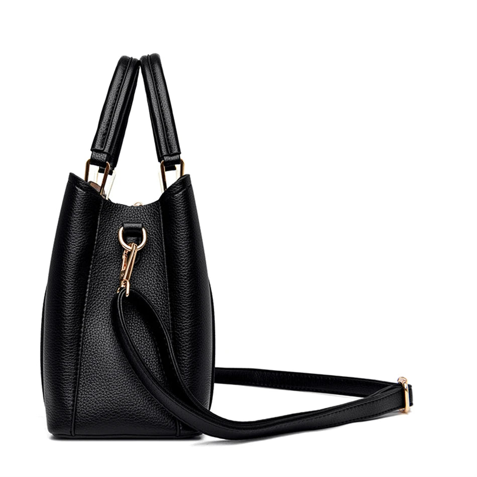 Women's Soft Leather Handbag – 3-Compartment Shoulder & Crossbody Tote
