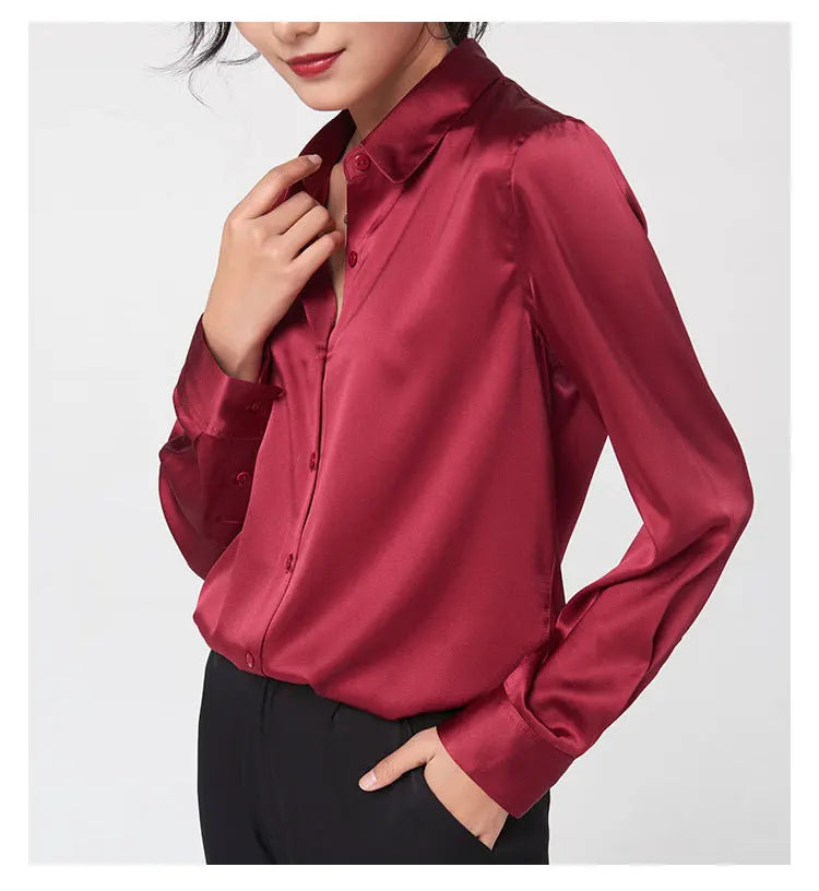 SFELIKY Women's 19mm Mulberry Silk Blouse – Long Sleeve V-Neck Satin Shirt