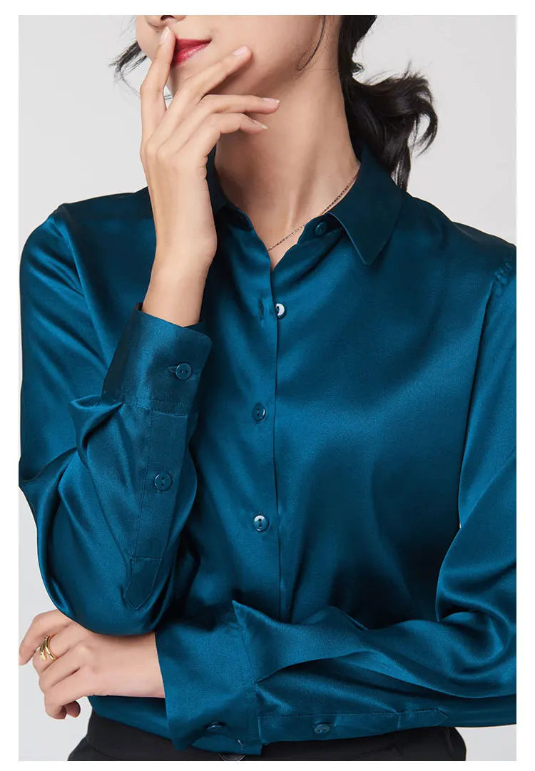 SFELIKY Women's 19mm Mulberry Silk Blouse – Long Sleeve V-Neck Satin Shirt