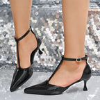 Women's Pointed Toe Kitten Heel Sandals – Mid Heel PU Leather
