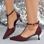 Women's Pointed Toe Kitten Heel Sandals – Mid Heel PU Leather