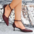 Women's Pointed Toe Kitten Heel Sandals – Mid Heel PU Leather