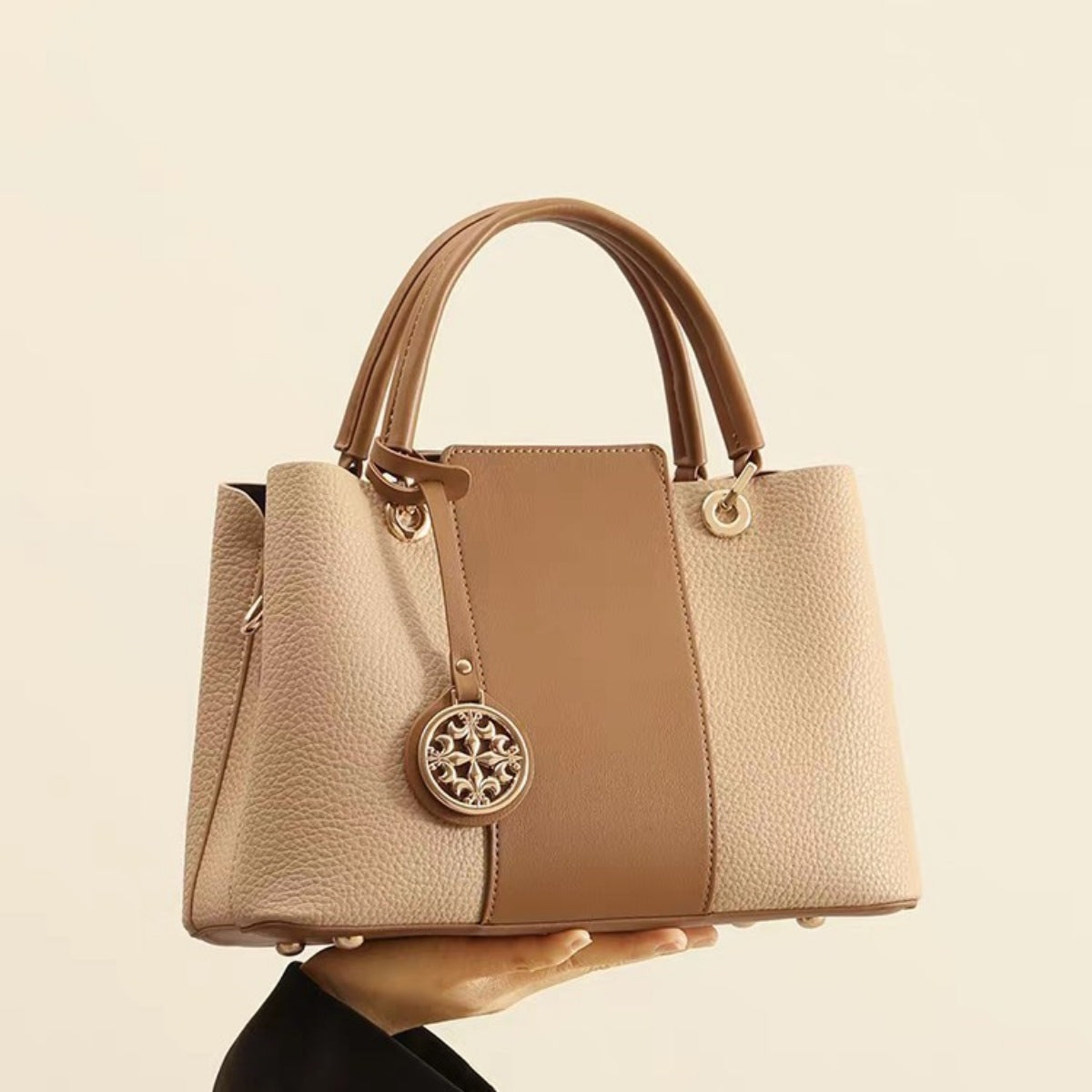 Two-Tone Leather Top Handle Handbag – Structured PU Leather Satchel