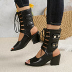 Lace Up Block Heels Sandals – Mid Heel PU Leather