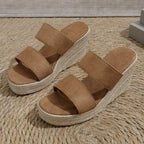 Open Toe Platform Wedge Sandals – Mid Heel Elastomer & Suede
