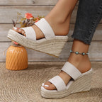 Open Toe Platform Wedge Sandals – Mid Heel Elastomer & Suede