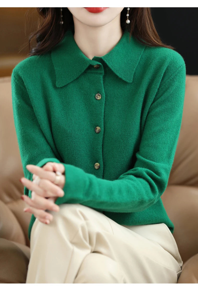 Women's Polo Collar Knitted Cardigan – Elegant Single Breasted Wool Blend Sweater