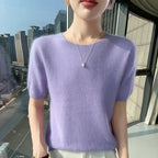 FRSEUCAG Women's 100% Mink Cashmere Short Sleeve Sweater – Elegant O-Neck Knit Pullover