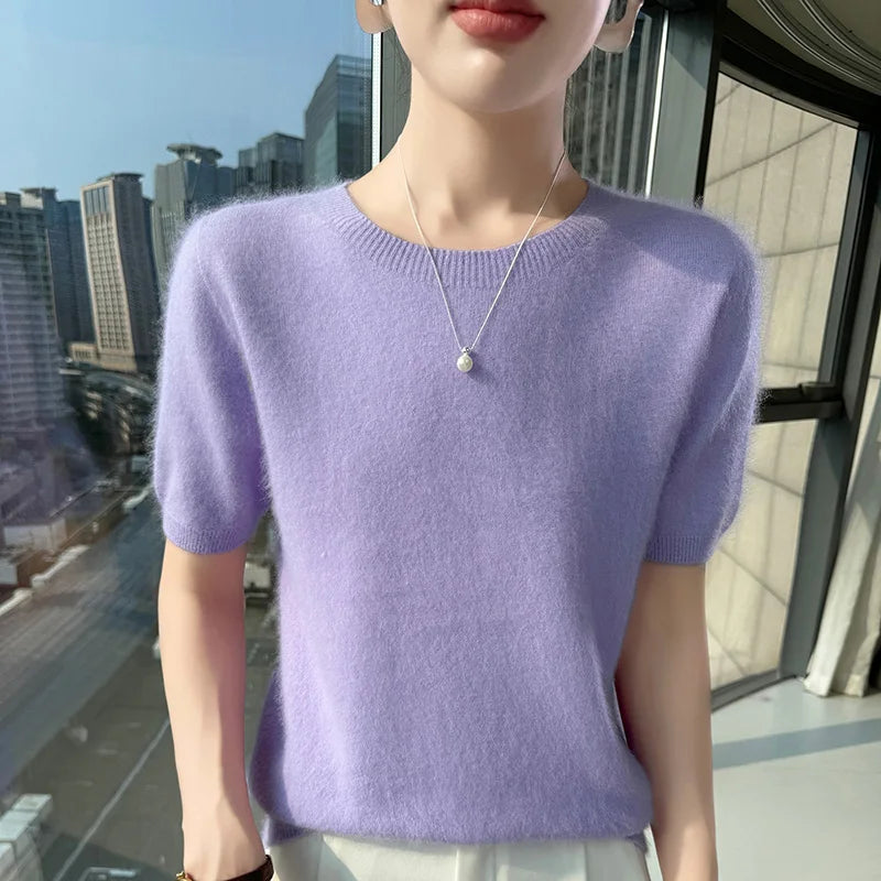 FRSEUCAG Women's 100% Mink Cashmere Short Sleeve Sweater – Elegant O-Neck Knit Pullover