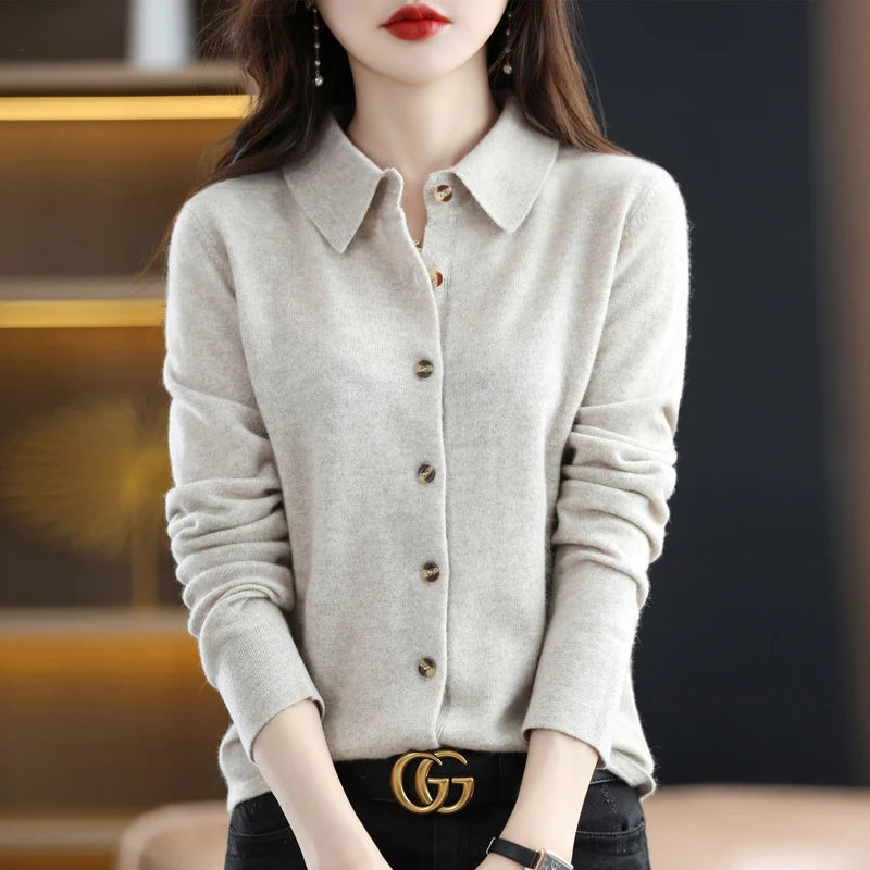 Women's Polo Collar Knitted Cardigan – Elegant Single Breasted Wool Blend Sweater