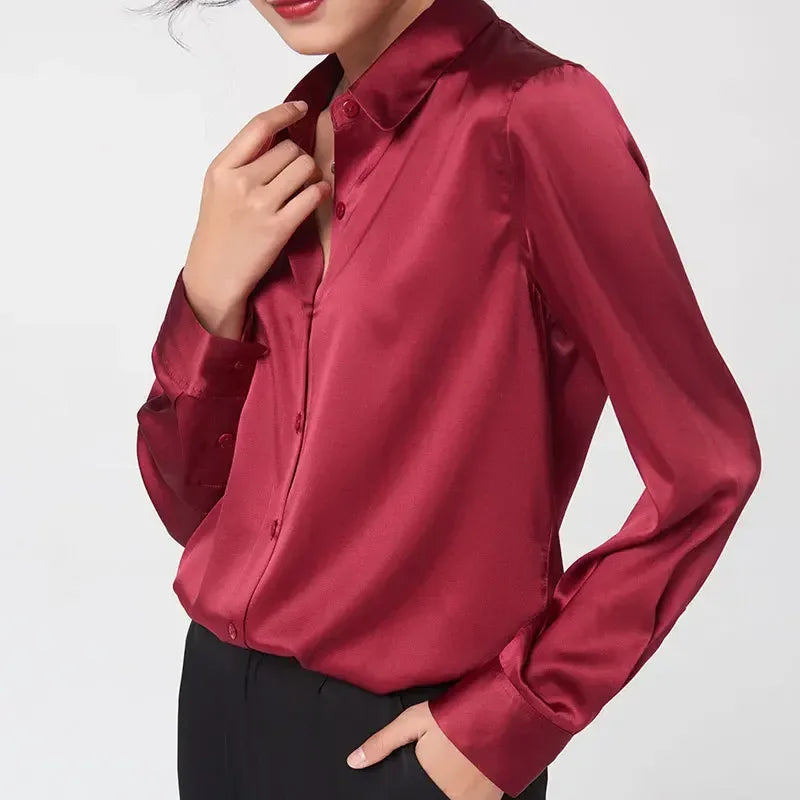 SFELIKY Women's 19mm Mulberry Silk Blouse – Long Sleeve V-Neck Satin Shirt