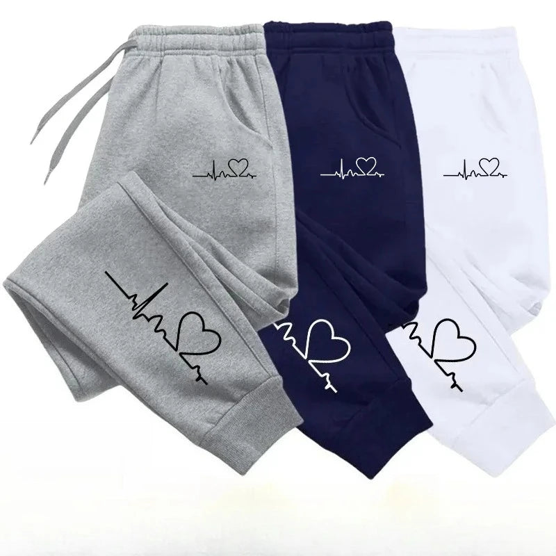 Women's Heart Print Sweatpants – Casual Baggy Lace-Up Jogger Pants with Pockets