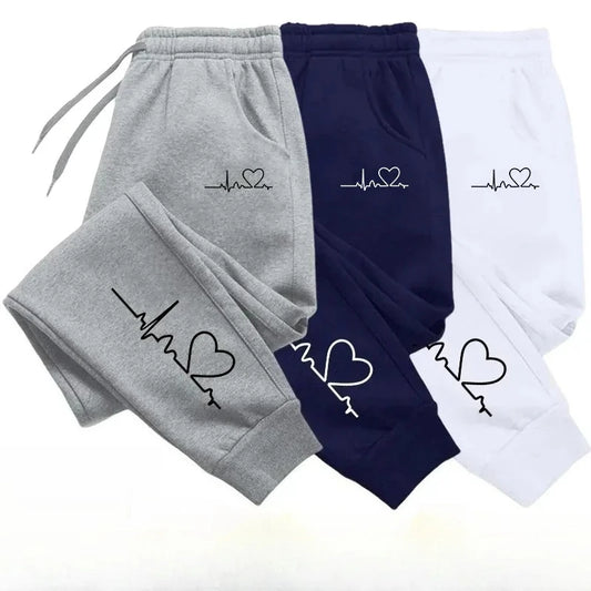 Women's Heart Print Sweatpants – Casual Baggy Lace-Up Jogger Pants with Pockets