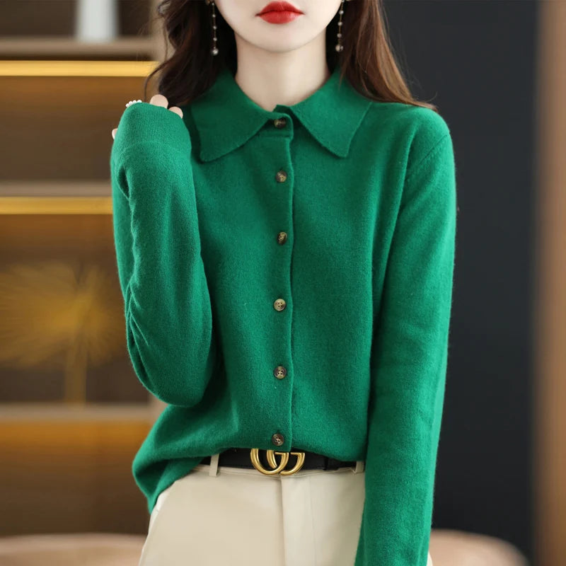 Women's Polo Collar Knitted Cardigan – Elegant Single Breasted Wool Blend Sweater