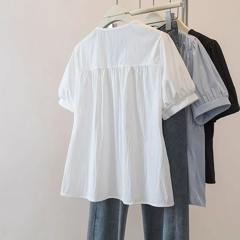 SUYISODA Plus Size Women's V-Neck Puff Sleeve Blouse – Office Casual Short Sleeve Top