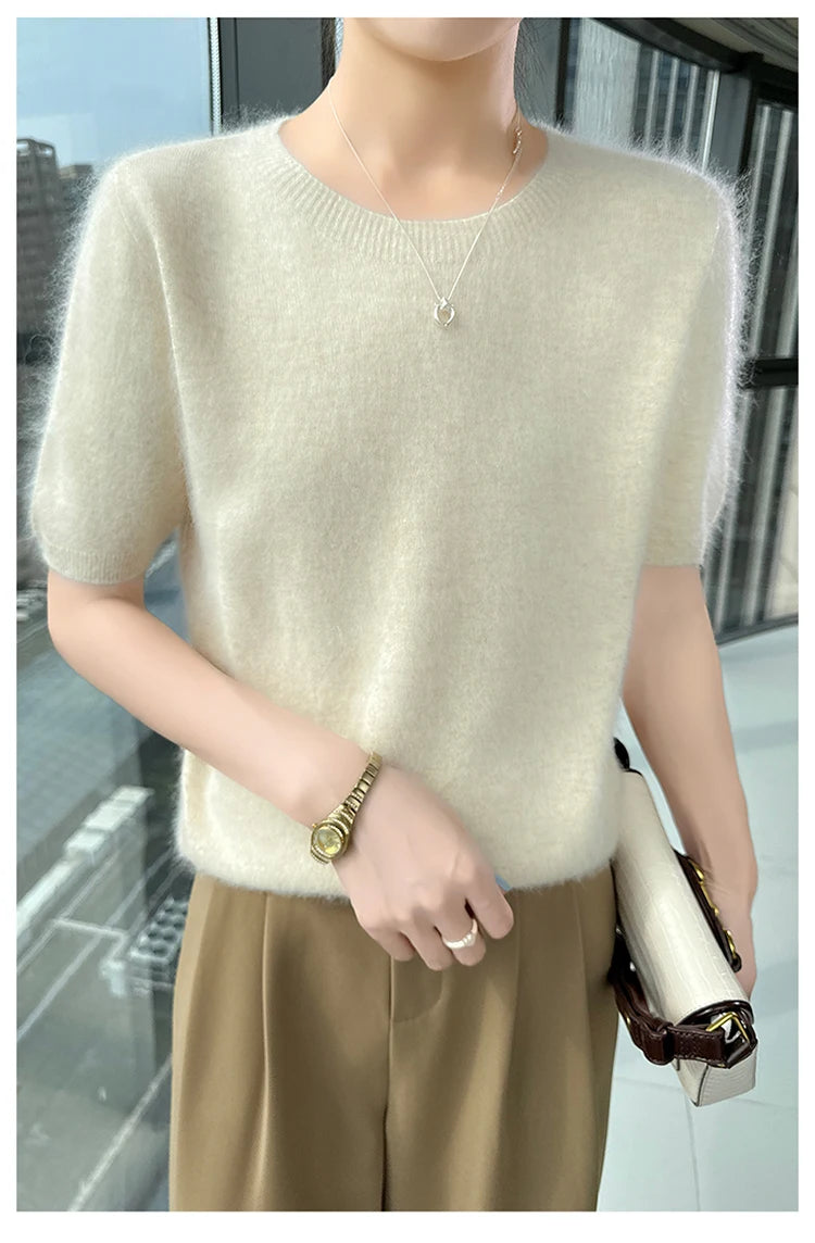 FRSEUCAG Women's 100% Mink Cashmere Short Sleeve Sweater – Elegant O-Neck Knit Pullover