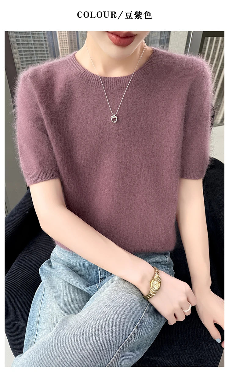 FRSEUCAG Women's 100% Mink Cashmere Short Sleeve Sweater – Elegant O-Neck Knit Pullover