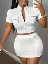Women's Casual Zipper Top & Mini Skirt Two-Piece Set