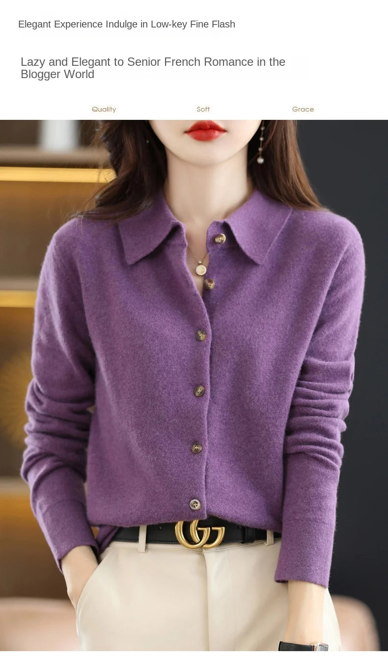 Women's Polo Collar Knitted Cardigan – Elegant Single Breasted Wool Blend Sweater