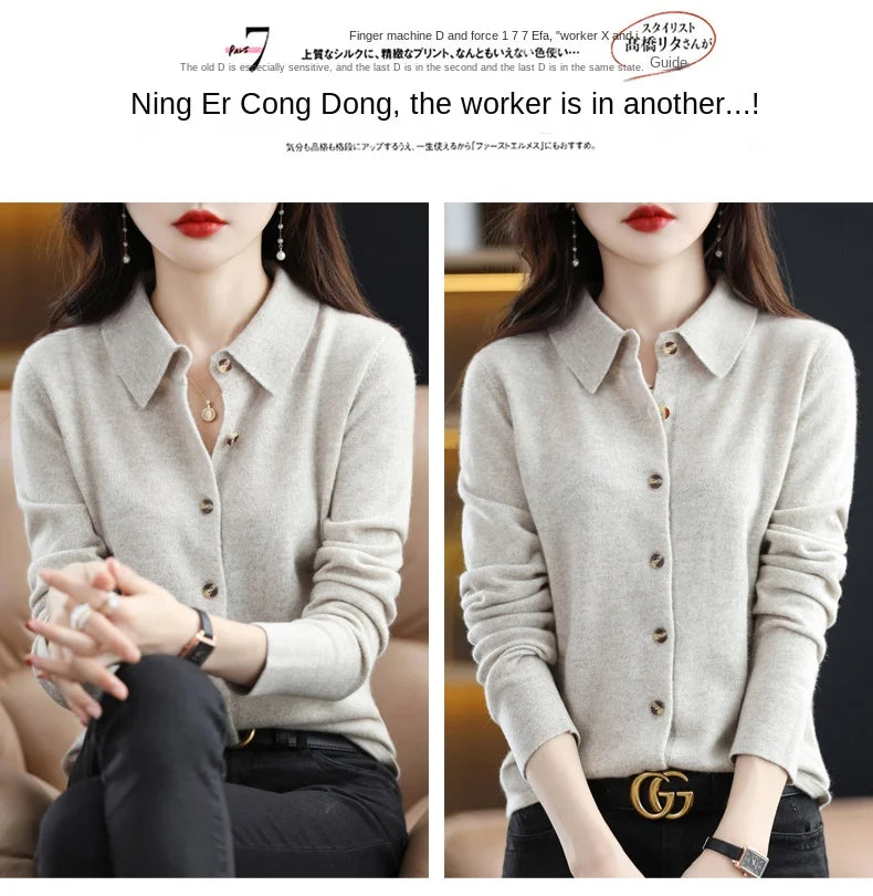 Women's Polo Collar Knitted Cardigan – Elegant Single Breasted Wool Blend Sweater