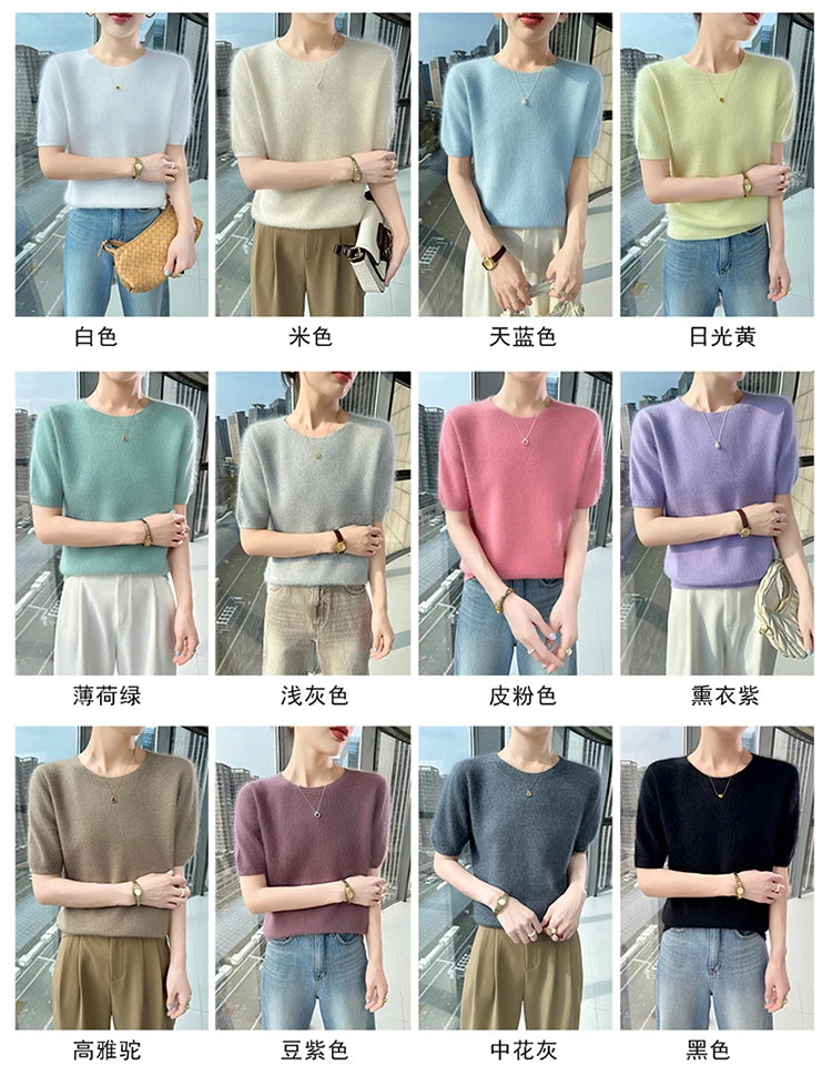 FRSEUCAG Women's 100% Mink Cashmere Short Sleeve Sweater – Elegant O-Neck Knit Pullover