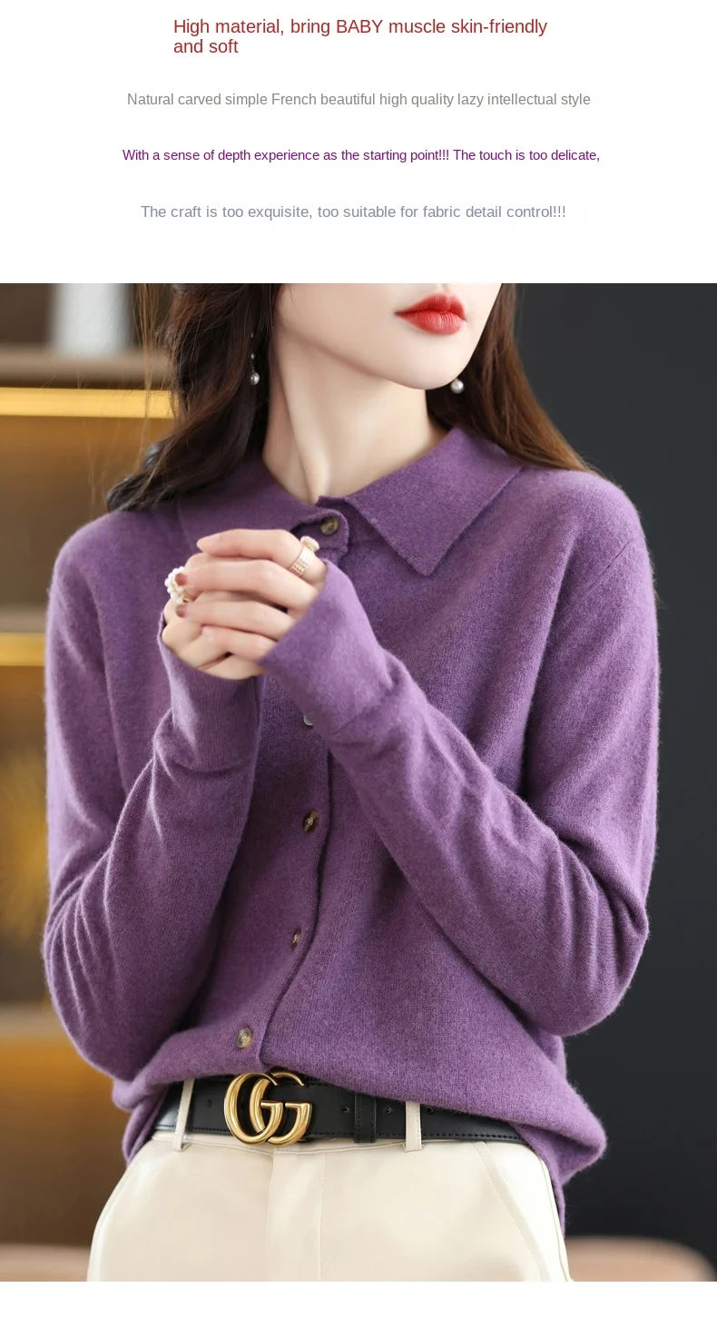 Women's Polo Collar Knitted Cardigan – Elegant Single Breasted Wool Blend Sweater