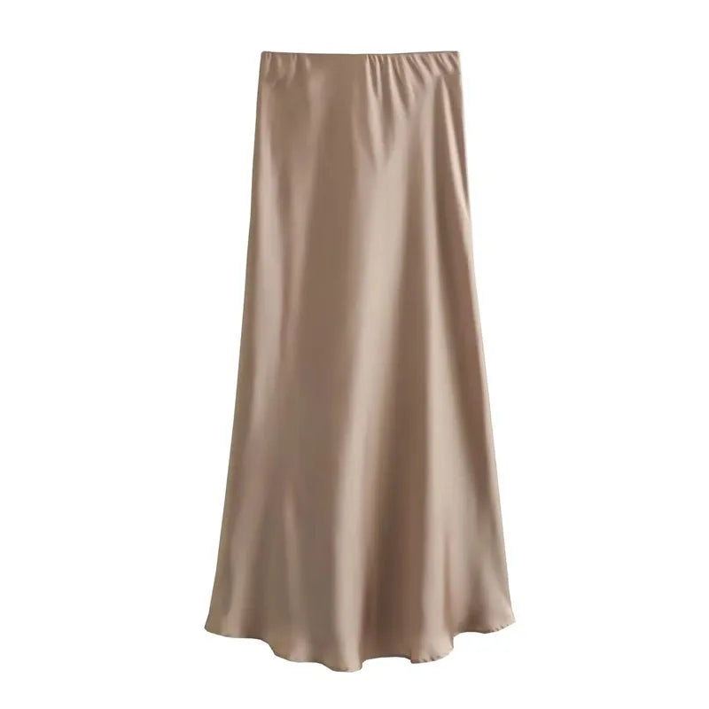MUJER Women's High Waist Satin Midi Skirt – Elegant Office Bud Skirt