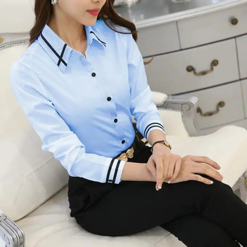 Women's Korean Style Long Sleeve Blouse – Slim Fit Turn-Down Collar Office Shirt