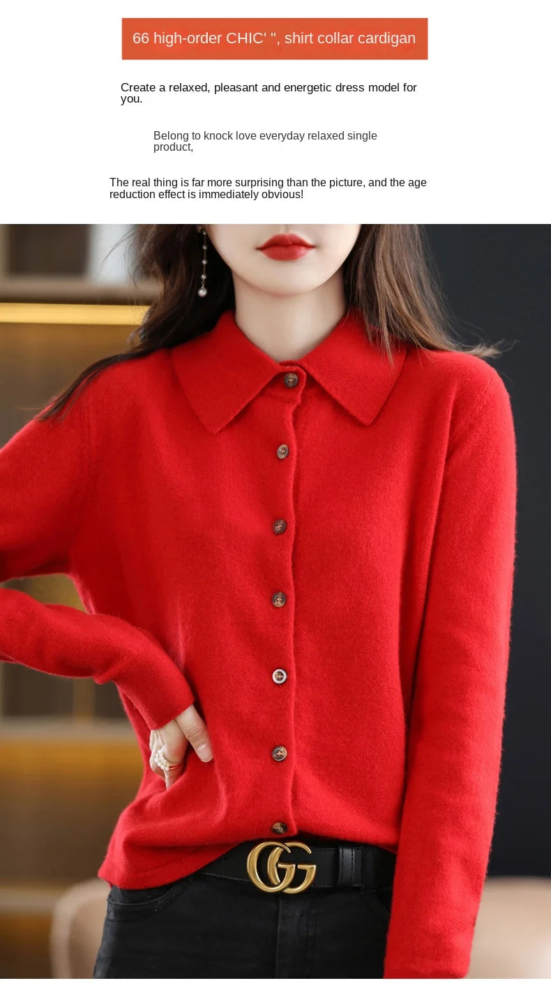 Women's Polo Collar Knitted Cardigan – Elegant Single Breasted Wool Blend Sweater