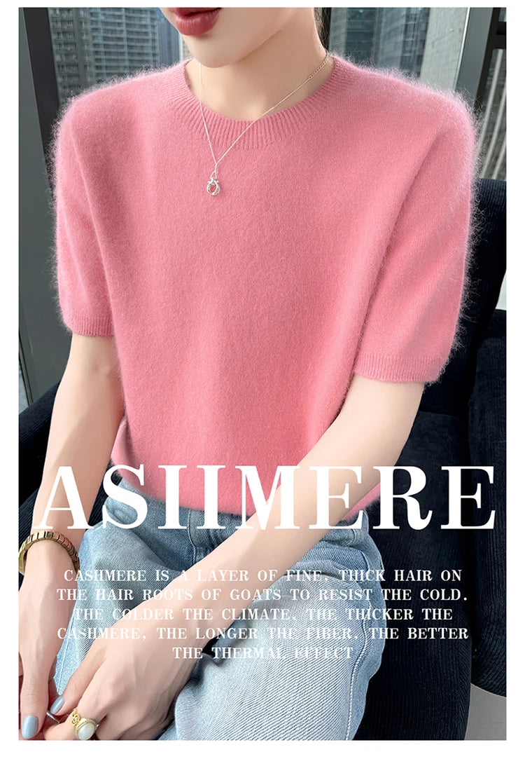 FRSEUCAG Women's 100% Mink Cashmere Short Sleeve Sweater – Elegant O-Neck Knit Pullover