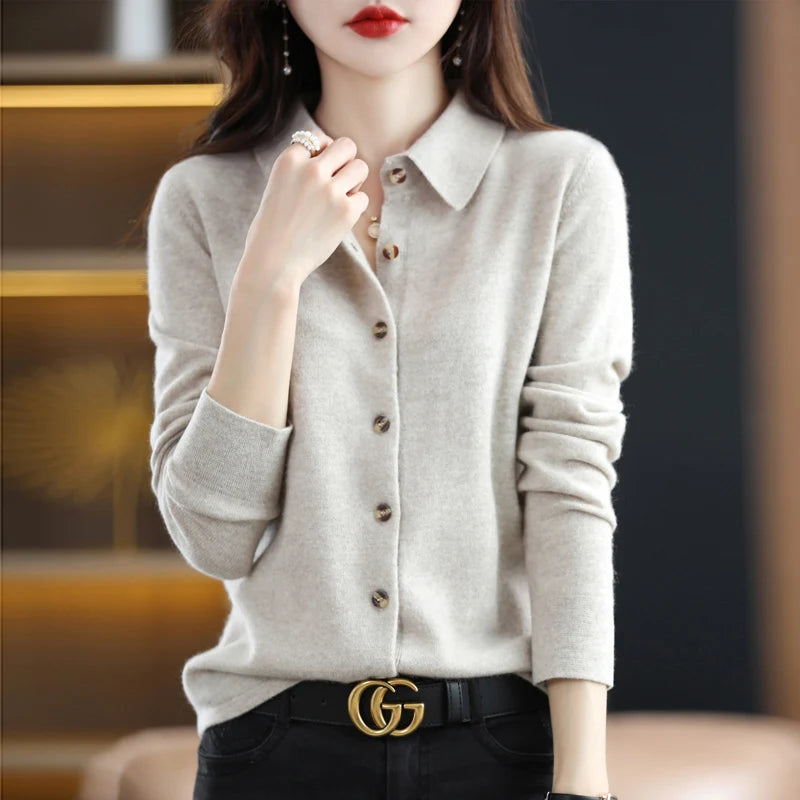 Women's Polo Collar Knitted Cardigan – Elegant Single Breasted Wool Blend Sweater