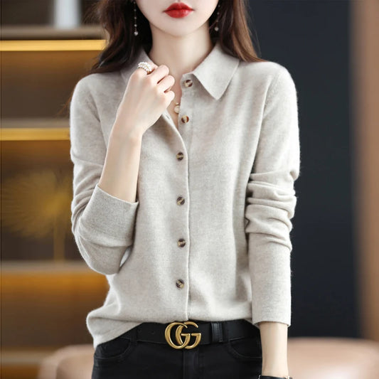 Women's Polo Collar Knitted Cardigan – Elegant Single Breasted Wool Blend Sweater