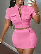 Women's Casual Zipper Top & Mini Skirt Two-Piece Set