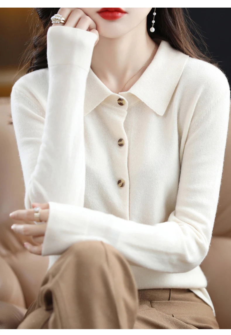 Women's Polo Collar Knitted Cardigan – Elegant Single Breasted Wool Blend Sweater