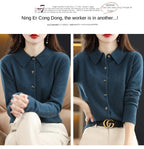 Women's Polo Collar Knitted Cardigan – Elegant Single Breasted Wool Blend Sweater