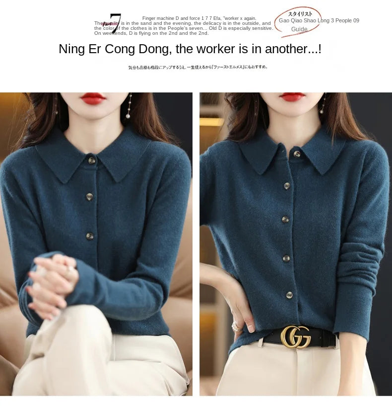 Women's Polo Collar Knitted Cardigan – Elegant Single Breasted Wool Blend Sweater