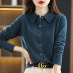 Women's Polo Collar Knitted Cardigan – Elegant Single Breasted Wool Blend Sweater