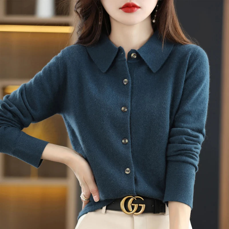 Women's Polo Collar Knitted Cardigan – Elegant Single Breasted Wool Blend Sweater