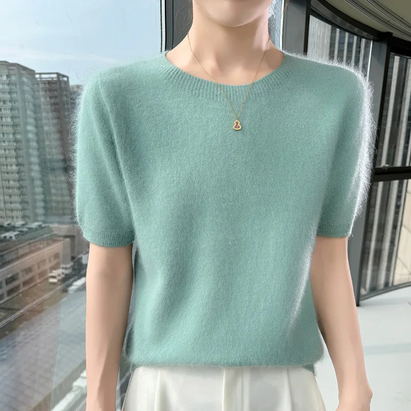 FRSEUCAG Women's 100% Mink Cashmere Short Sleeve Sweater – Elegant O-Neck Knit Pullover