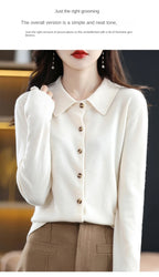 Women's Polo Collar Knitted Cardigan – Elegant Single Breasted Wool Blend Sweater