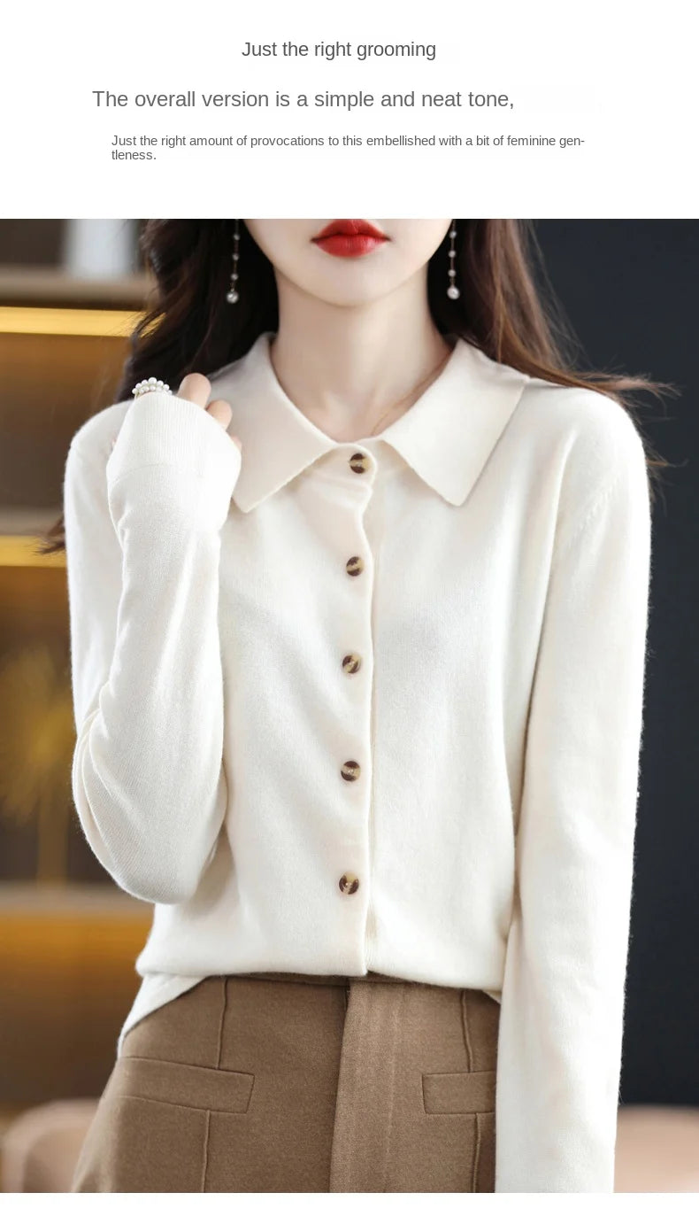 Women's Polo Collar Knitted Cardigan – Elegant Single Breasted Wool Blend Sweater