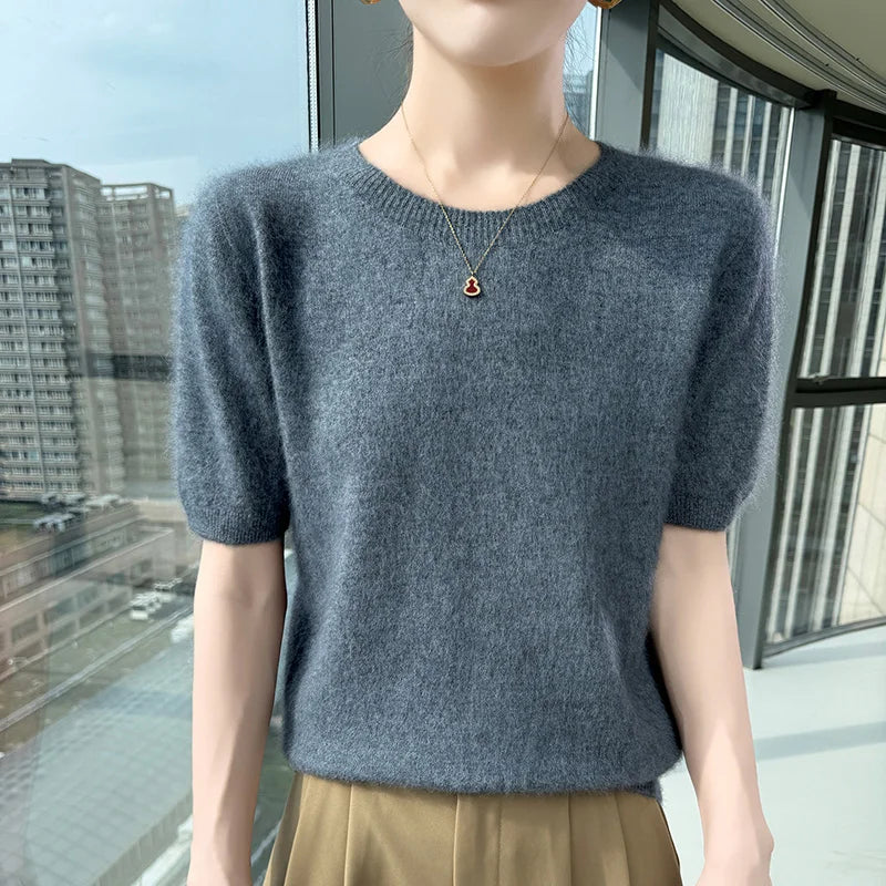 FRSEUCAG Women's 100% Mink Cashmere Short Sleeve Sweater – Elegant O-Neck Knit Pullover