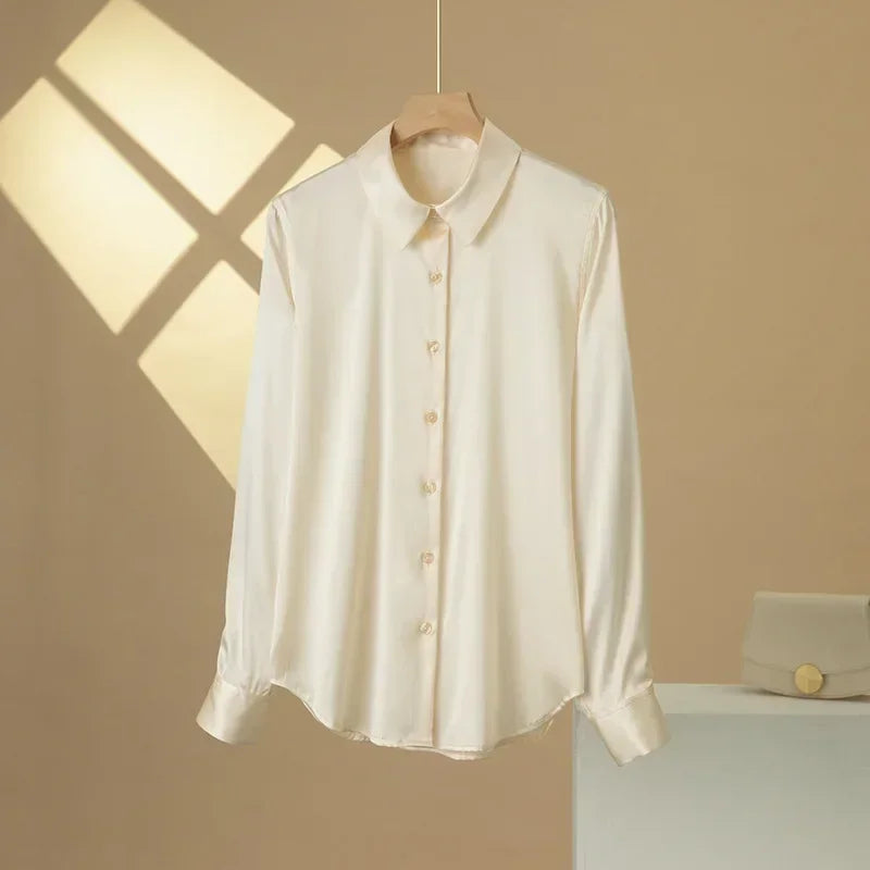 SFELIKY Women's 19mm Mulberry Silk Blouse – Long Sleeve V-Neck Satin Shirt