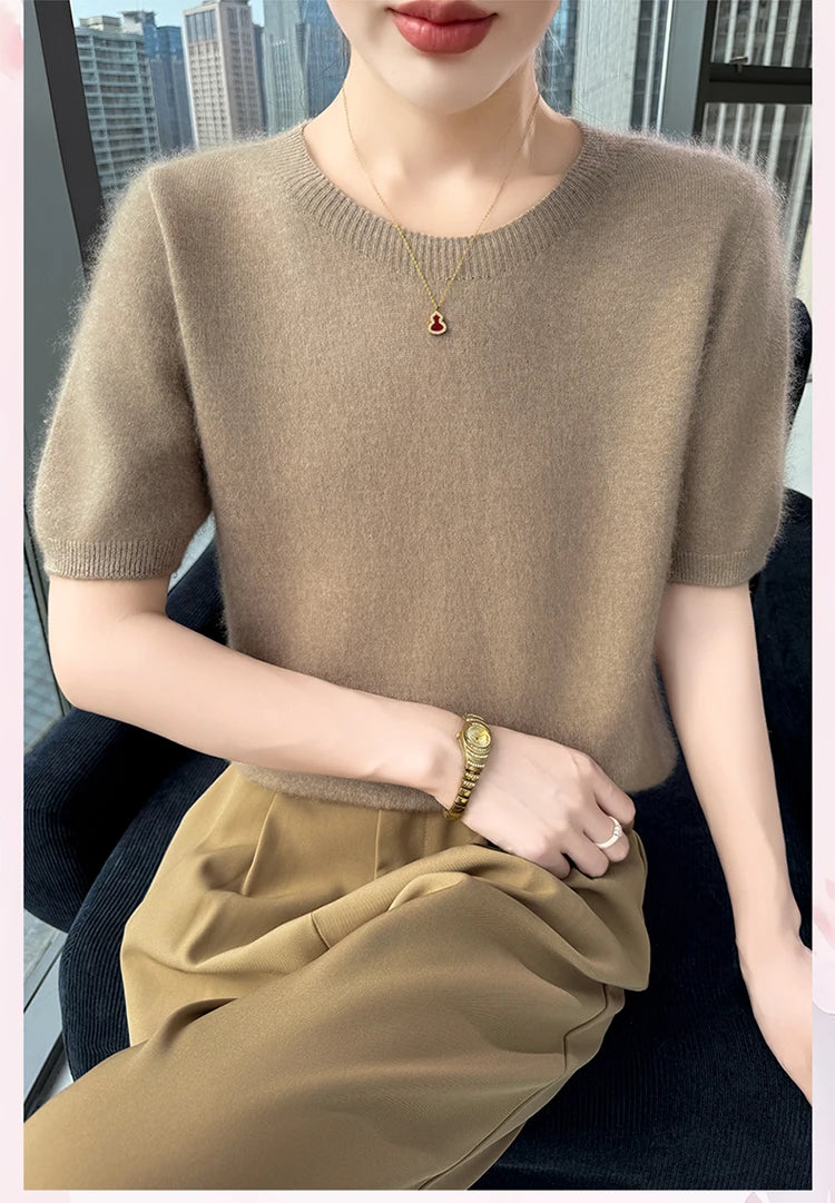 FRSEUCAG Women's 100% Mink Cashmere Short Sleeve Sweater – Elegant O-Neck Knit Pullover