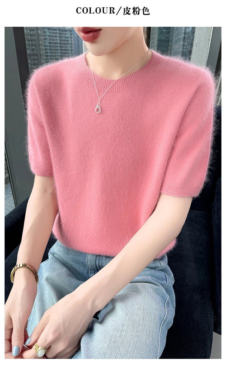 FRSEUCAG Women's 100% Mink Cashmere Short Sleeve Sweater – Elegant O-Neck Knit Pullover
