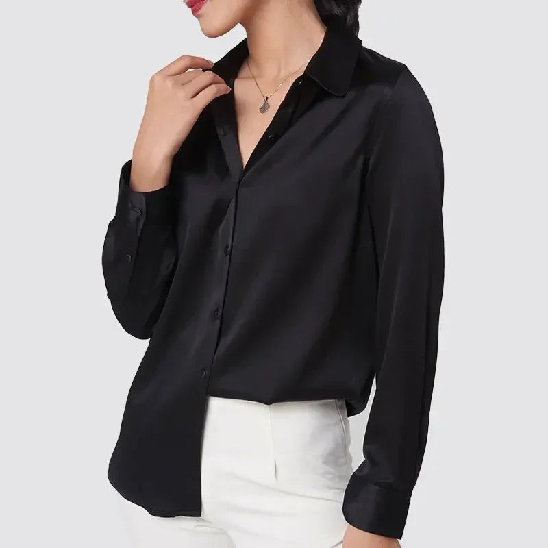 SFELIKY Women's 19mm Mulberry Silk Blouse – Long Sleeve V-Neck Satin Shirt