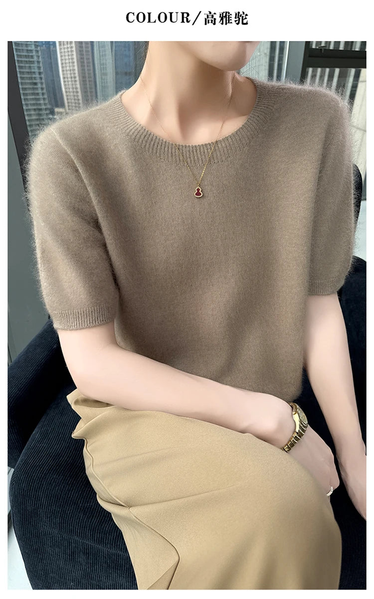 FRSEUCAG Women's 100% Mink Cashmere Short Sleeve Sweater – Elegant O-Neck Knit Pullover