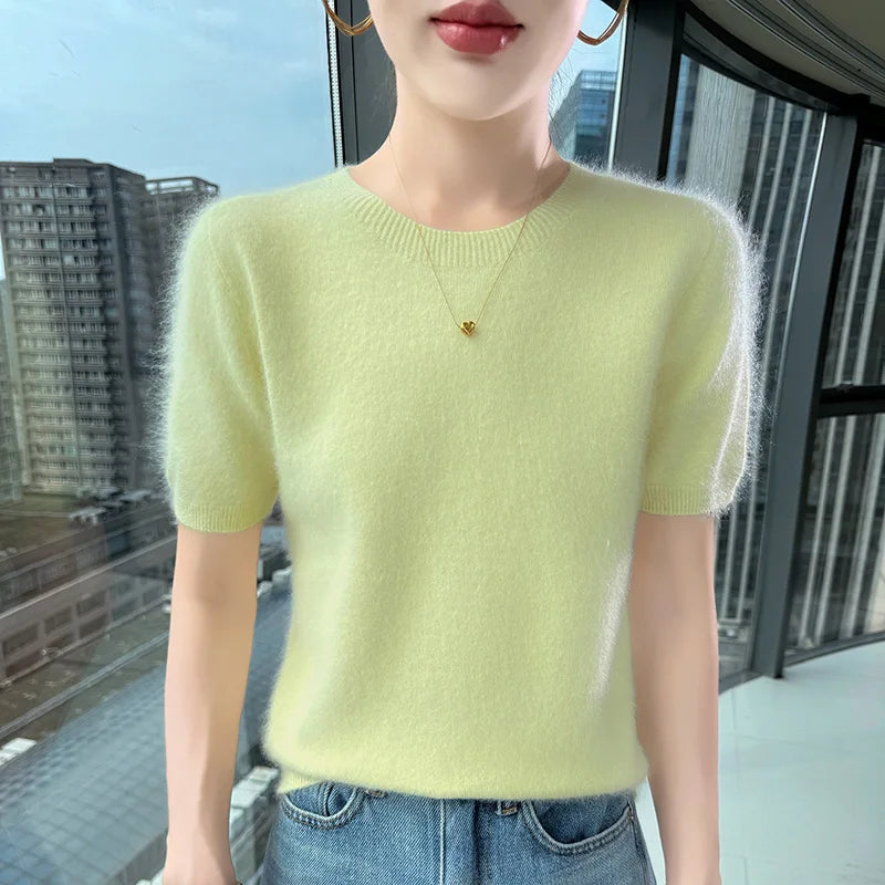 FRSEUCAG Women's 100% Mink Cashmere Short Sleeve Sweater – Elegant O-Neck Knit Pullover
