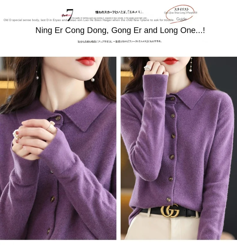 Women's Polo Collar Knitted Cardigan – Elegant Single Breasted Wool Blend Sweater