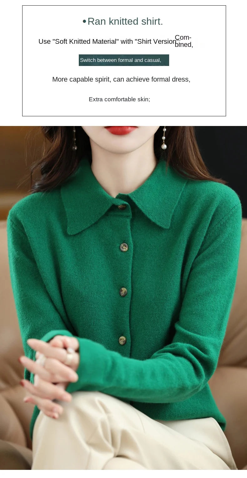 Women's Polo Collar Knitted Cardigan – Elegant Single Breasted Wool Blend Sweater